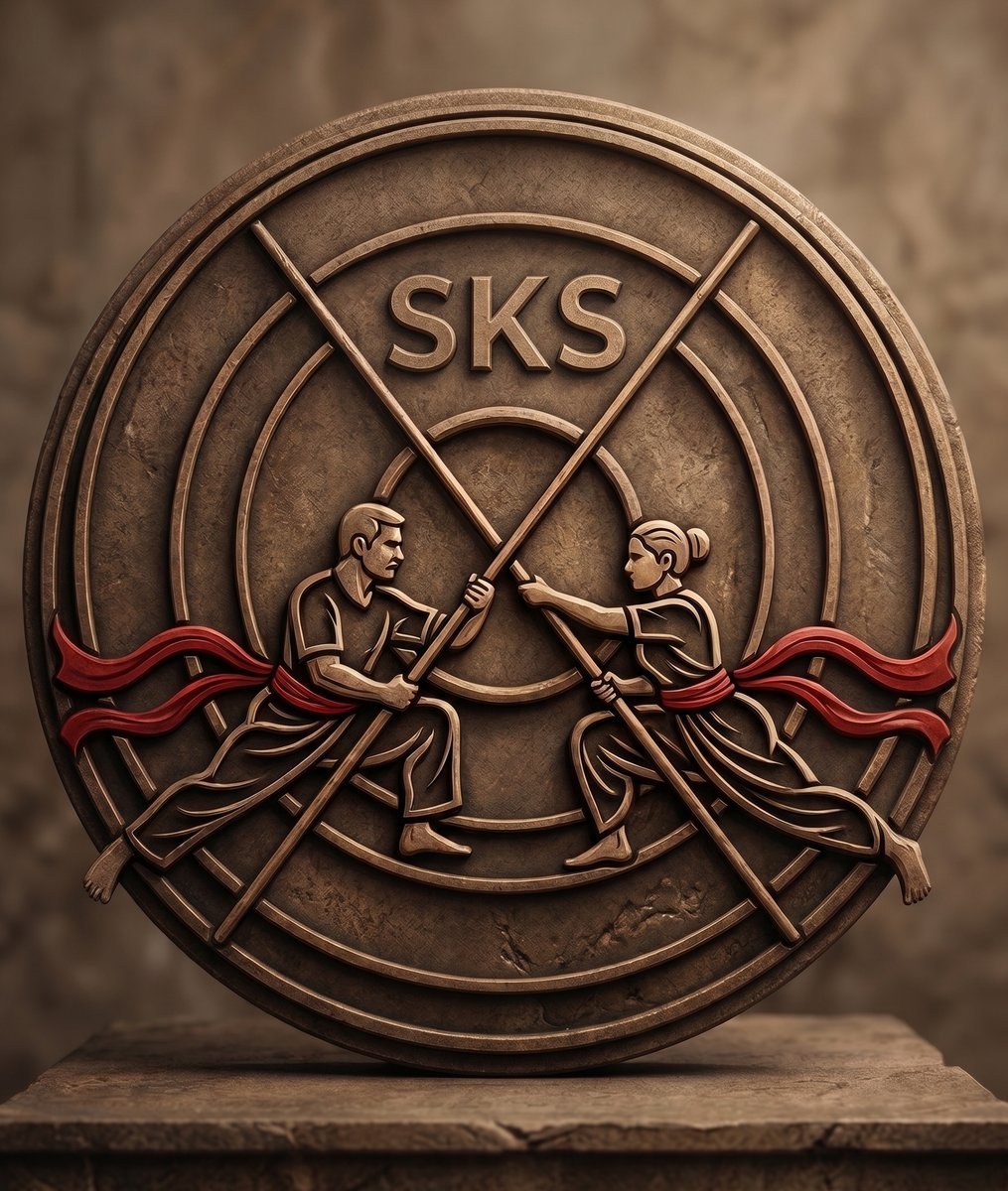 Two students in the Kolthari stance, staffs crossed — Swathanthra Kalari Sangham